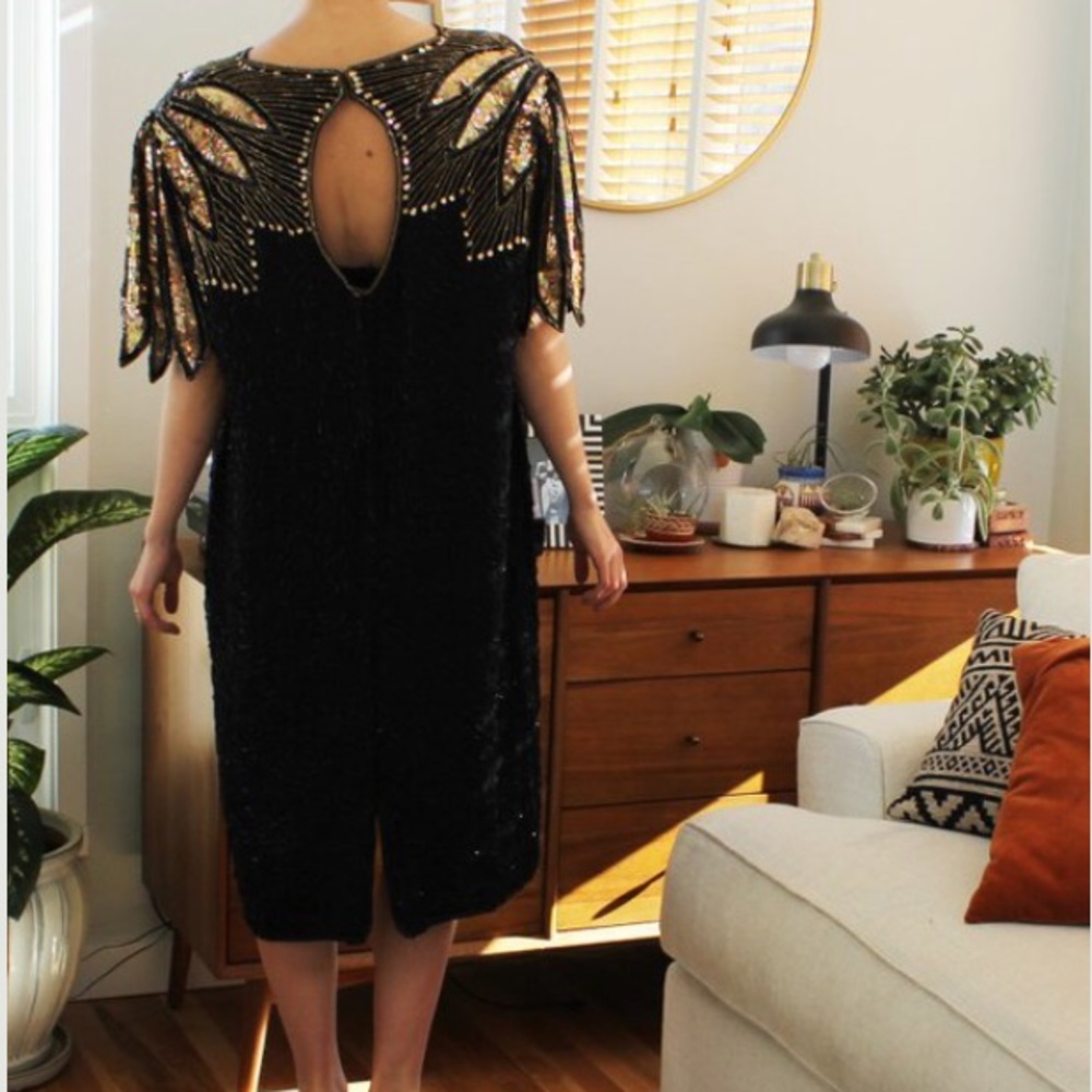 Gold & Black Beaded Sequin Cocktail Gown by Stenay
